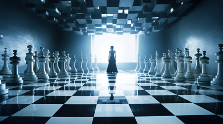 a woman standing in a room with chess pieces.の素材