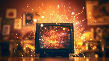 a television with sparks coming out of it.の素材