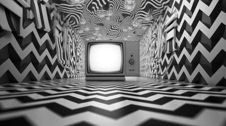 a television in a room with a zigzag pattern.の素材