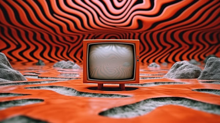 an orange television with black and white lines.の素材