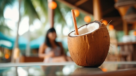 a coconut with a straw in it.の素材