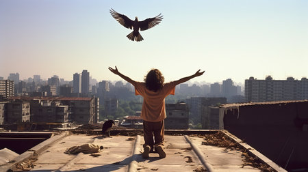 a person standing on a roof with a bird flying in the sky.の素材