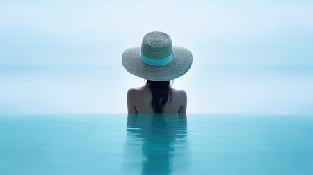 a woman in a hat in water.の素材
