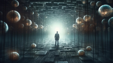 a man standing in a room with balls and lights.の素材