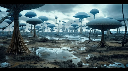 a landscape with many mushrooms.の素材