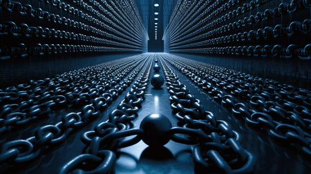 a long hallway with many chains.の素材