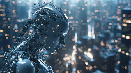 a robot looking at the city.の素材