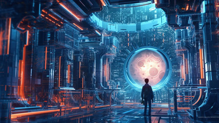 a man standing in a room with a round window.の素材