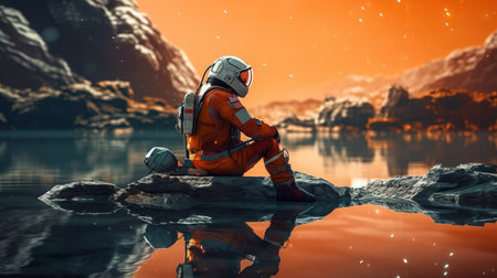 a person in an astronaut suit sitting on a rock in water.の素材