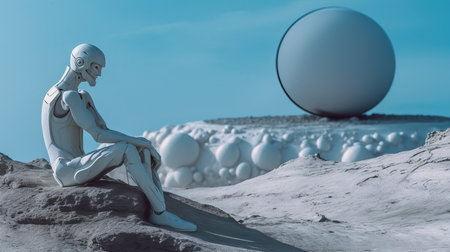 a white robot sitting on a rock in front of a group of white spheres.の素材