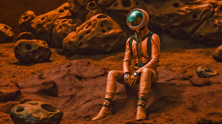 a person in a suit sitting on a rock.の素材