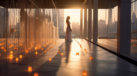 a woman in a white dress standing in a room with candles.の素材
