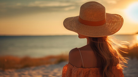 a woman wearing a hat and looking at the ocean.の素材