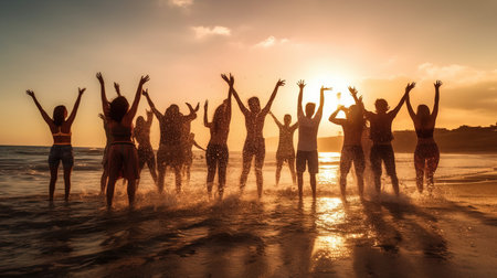 a group of people standing in the water.の素材