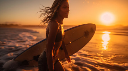 a woman in a garment holding a surfboard on a beach.の素材