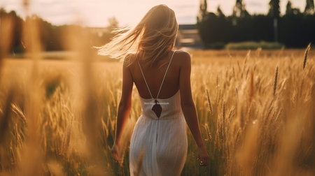 a woman in a white dress walking through a field of wheat.の素材