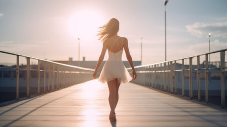 a woman in a white dress walking on a bridge.の素材