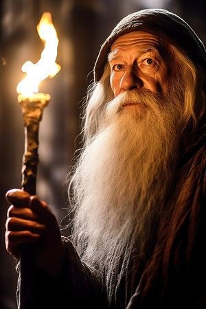 a man with long white beard holding a torch.の素材