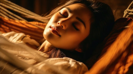 a woman lying down with her eyes closed.の素材