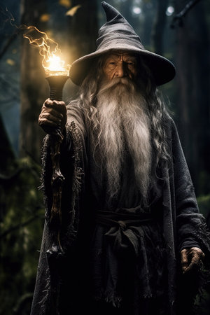 a man with a long beard and a hat holding a torch.の素材