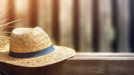 a straw hat on a wood surface.の素材