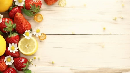 a group of strawberries and lemons on a white wood surface.の素材