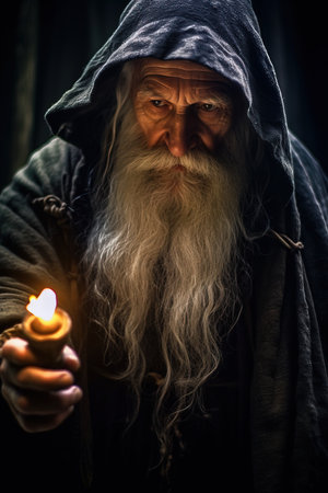 a man with a long white beard and a black robe holding a lit candle.の素材