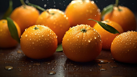 a group of oranges with water drops on them.の素材