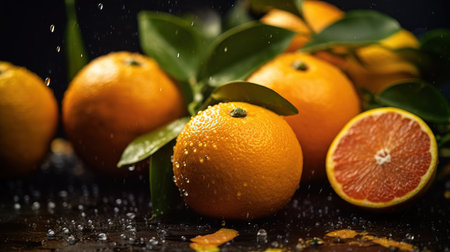 a group of oranges with leaves.の素材