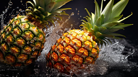 two pineapples splashing water.の素材