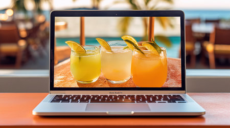 a laptop with a screen showing three drinks on it.の素材