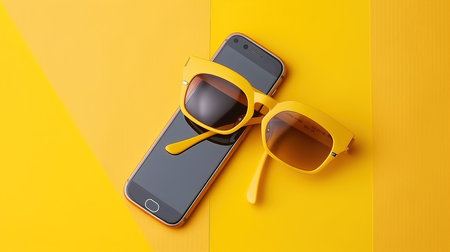 a phone and sunglasses on a yellow background.の素材