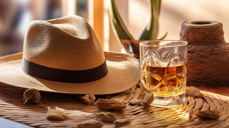 a hat and a glass of alcohol on a table.の素材