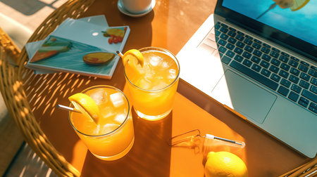 two glasses of orange liquid with a straw next to a laptop.の素材