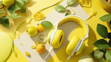 yellow headphones and fruits on a yellow background.の素材