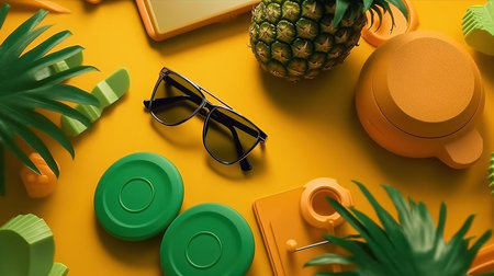 a pineapple and sunglasses on a yellow surface.の素材
