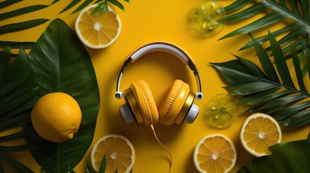 yellow headphones and lemons on a yellow surface.の素材