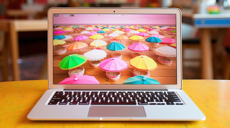 a laptop with a picture of umbrellas on the screen.の素材