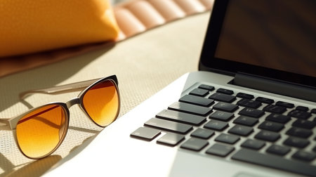 a laptop and sunglasses on a table.の素材