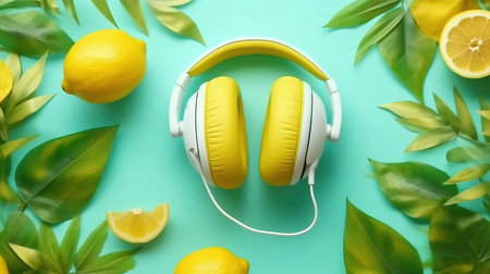 yellow headphones and lemons on a blue background.の素材