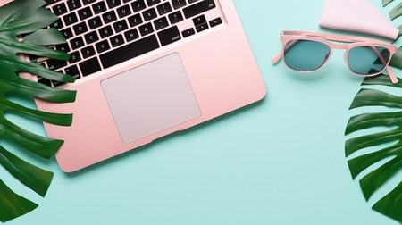a pink laptop and sunglasses.の素材