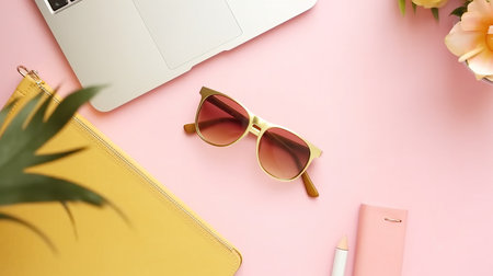 a laptop and sunglasses on a pink surface.の素材
