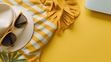 a yellow and white striped shirt and hat.の素材