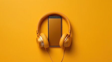 a phone and headphones on a yellow background.の素材
