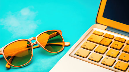 a laptop and sunglasses on a blue surface.の素材