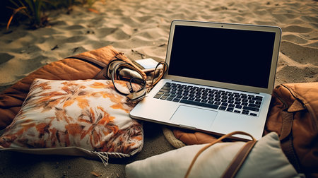 a laptop and sunglasses on a beach.の素材