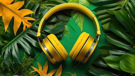 yellow headphones on a green surface surrounded by leaves.の素材