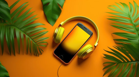 a phone and headphones on a yellow surface.の素材