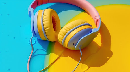 a pair of headphones on a colorful surface.の素材
