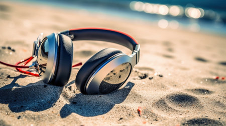 headphones on a beach.の素材
